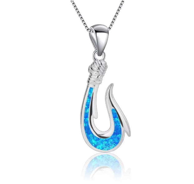 Aobao Christian Ocean-style Versatile Silver Plated Copper Alloy Link Chain Anchor Clavicle Featuring Blue Fishhook Pendant Opal