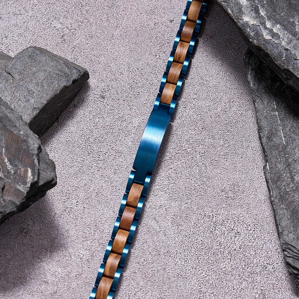 Custom Brand Logo OEM Wholesale Men Women Vintage Stainless Steel Chain & Link Eco Friendly Wood Wrist Bracelet Gift