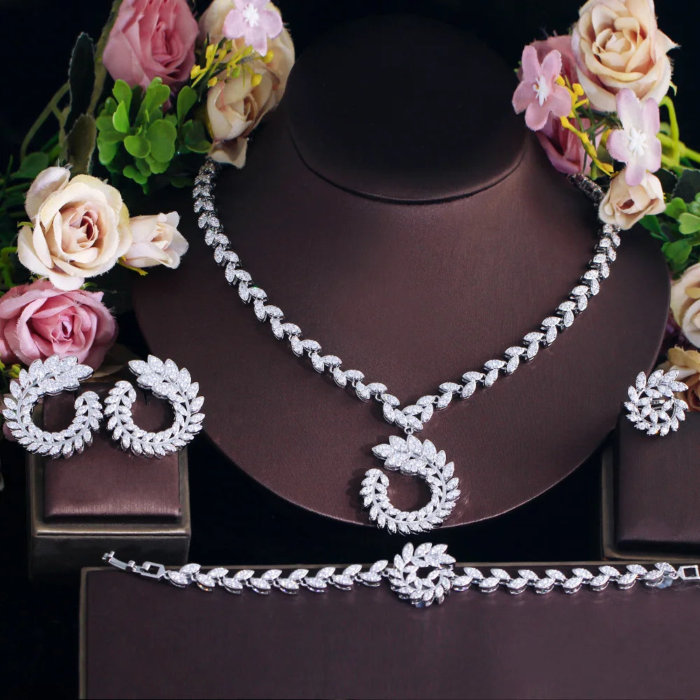 Bridals Big Olive Leaf Pendant Necklace and Earrings Jewelry Set Cubic Zirconia Bracelet Stud Earrings Ring Sets of Wedding