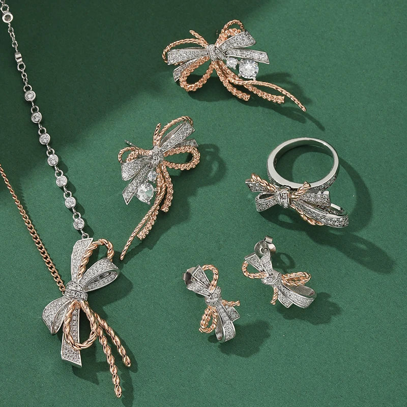 Factory Supply Fashion Bow Tassel Palaiba Zircon Large Earrings Necklace Ring Party Wedding Jewelry Set