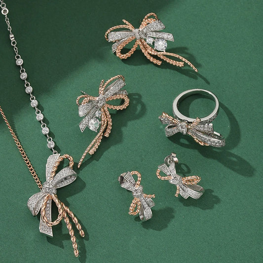 Factory Supply Fashion Bow Tassel Palaiba Zircon Large Earrings Necklace Ring Party Wedding Jewelry Set