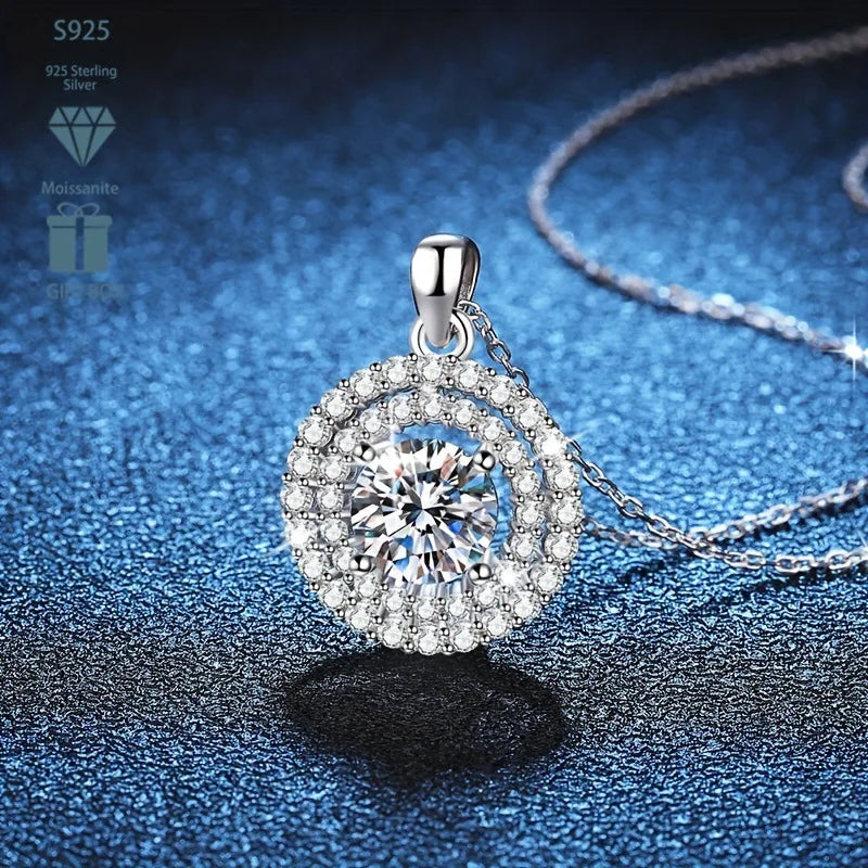 Dainty Double Halo Set Round Cut 1ct VVS GRA Colored Moissanite Jewelry Trendy 925 Sterling Silver Disc Pendant Necklace