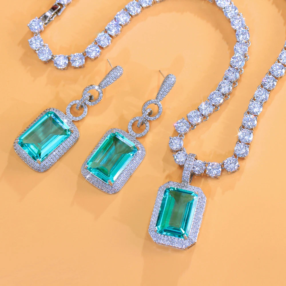 Luxury Big Blue Square Shaped CZ Stone White Tennis Necklace and Earrings Set Women Wedding Party Pendant Jewelry Accessories