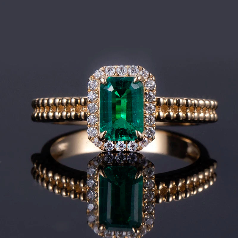 Messi Jewelry 18k Yellow Gold  1-1.5ct Lab Grown Emerald Emerald Cut halo Ring