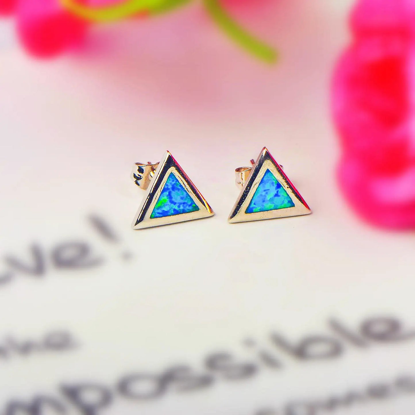 Elegant Hawaiian Opal Studs Sparkling Blue  Triangle Earrings with Iridescent Shine