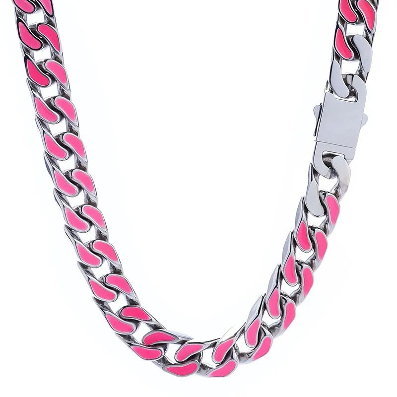Hip Hop 12mm Colorful Oil Drop Stainless Steel Cuban Chain Niche Necklace Bracelet For Men