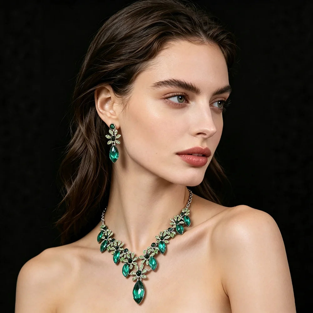XM S374 Silver Plated Princess Cut Crystal Rhinestone Floral Necklace & Drop Earrings Set