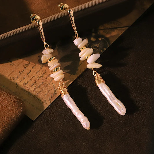 Baroque Natural Pearl Layered Shell Pendant Earrings 18k Gold Plated Handmade Design Earrings for Banquet Wedding Wife GE1820