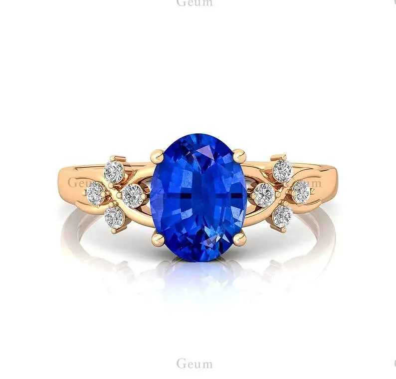 18K Gold Oval Blue Sapphire Gemstone Natural Diamond Halo Solitaire Wedding Ring IGI Certified 0.12Ct 8 Diamonds Rhodium Plated