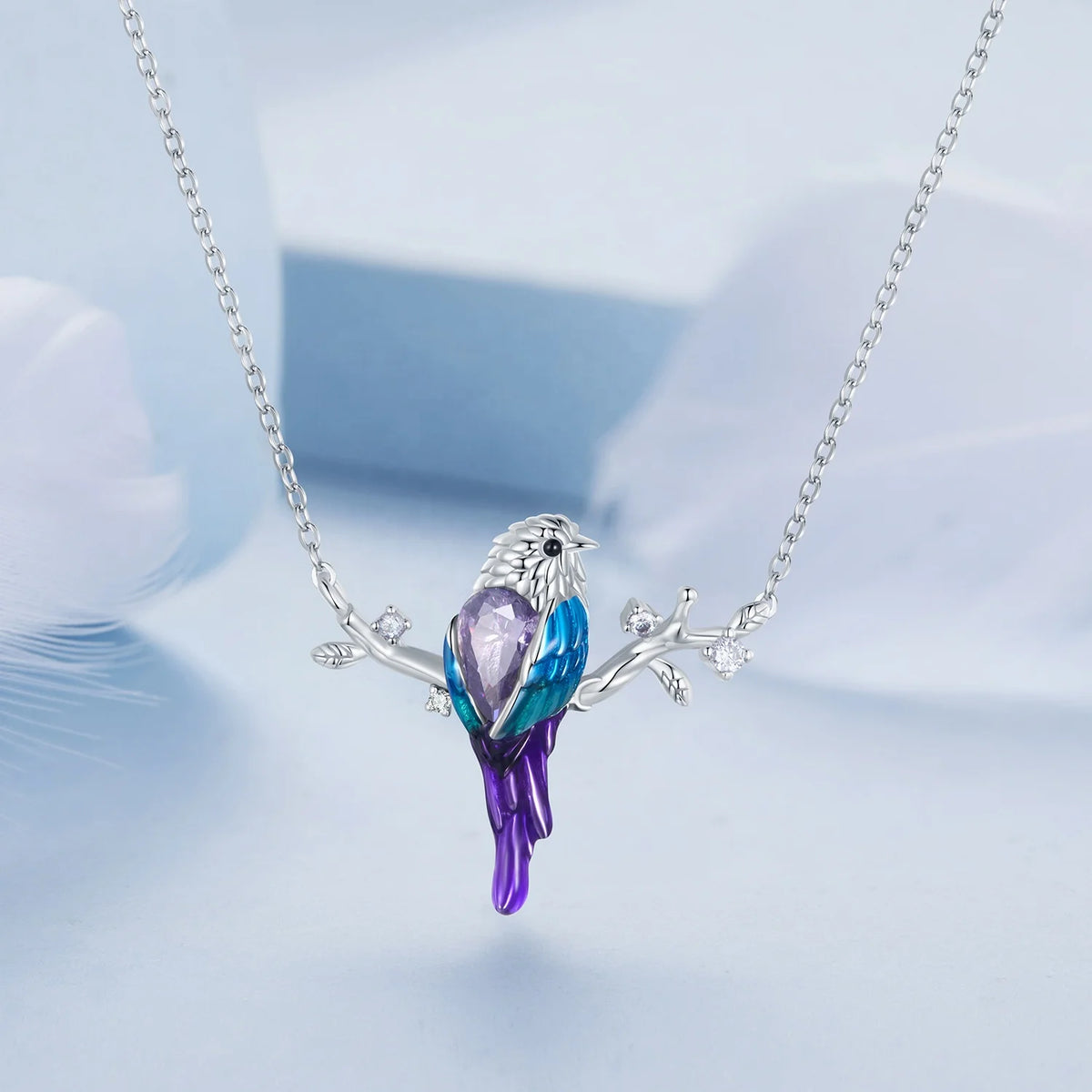 S&S 925 Silver Enamel Kingfisher Jewellery Set – Necklace, Pendant & Earrings – Platinum Plated – Collection