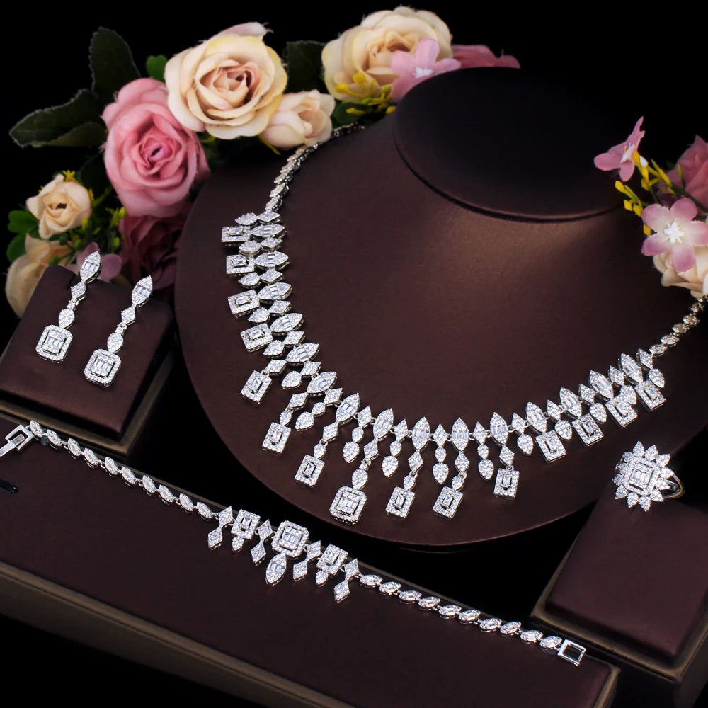 High Quality Tassel Shape Middle East Style Brass Cubic Zircon Wedding Bridal Luxury Jewelry Set for Women Dress Accessories