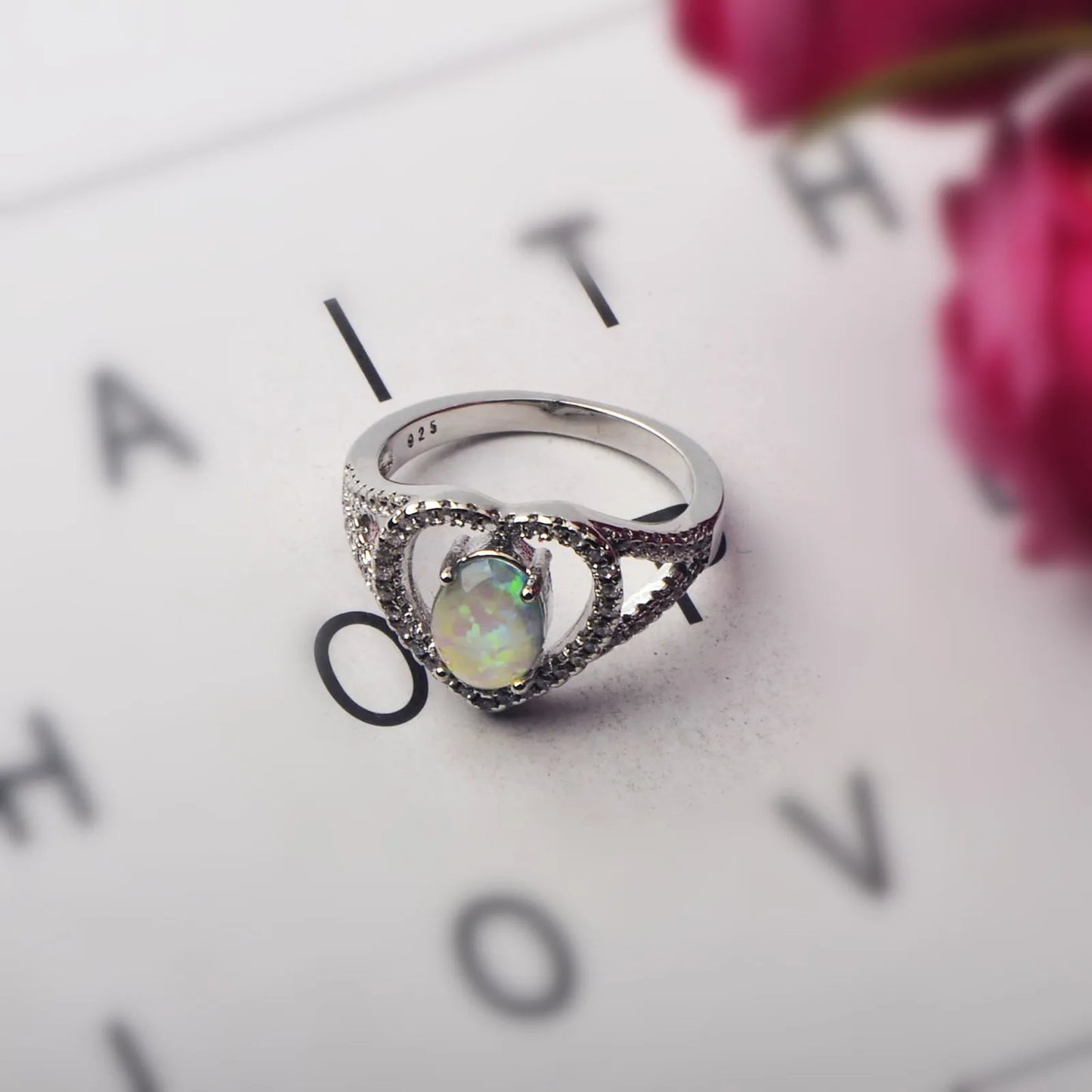Elegant Double-Heart Opal Promise Ring - Iridescent Opal & CZ Paved Band | Romantic Daily Jewelry Bulk Gifts