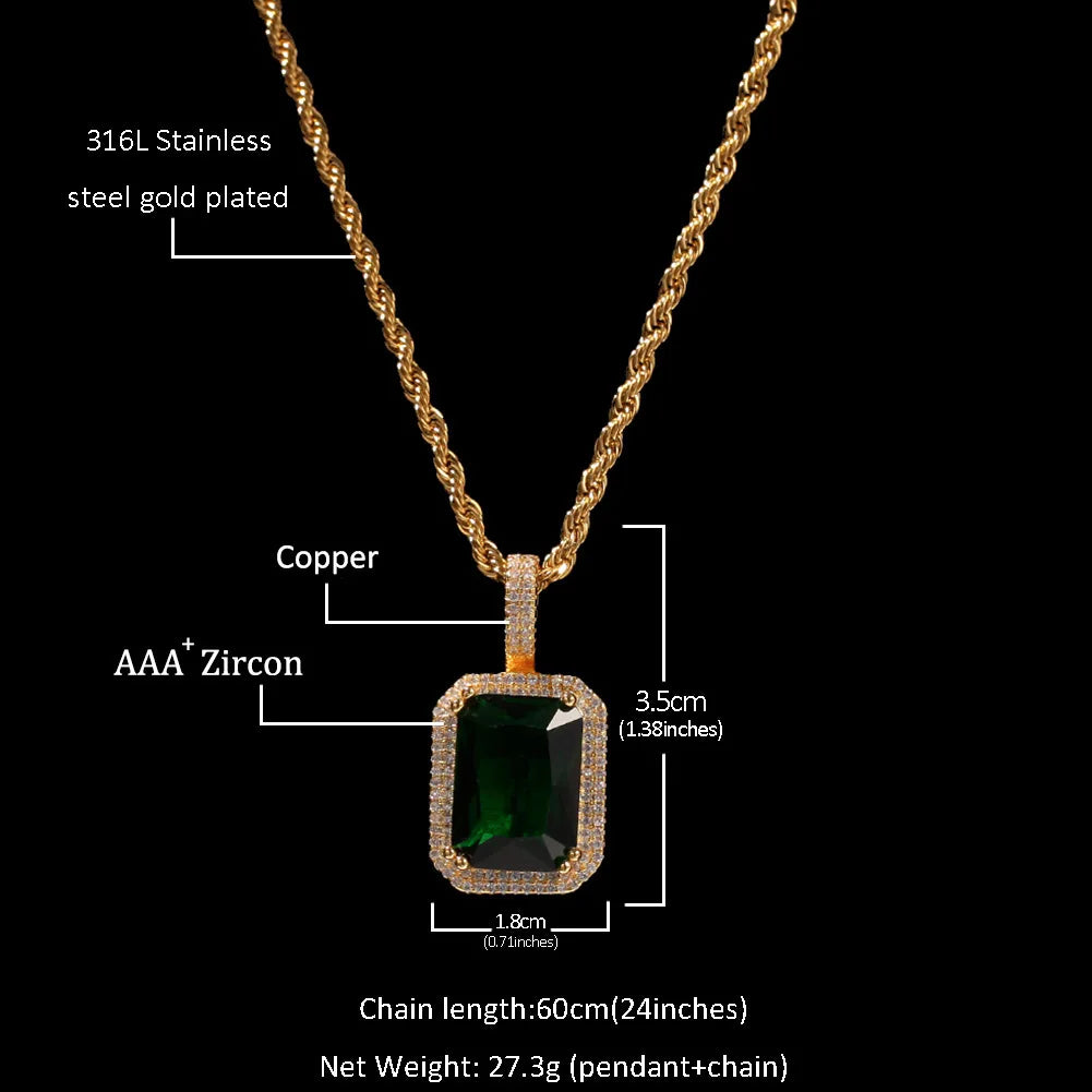 BiG-BOSS Hip Hop Mocha Fluorescent Square Solid Gemstone Pendant Necklace Trendy Cold for Men Women Perfect Neutral Sweater Chain Gift