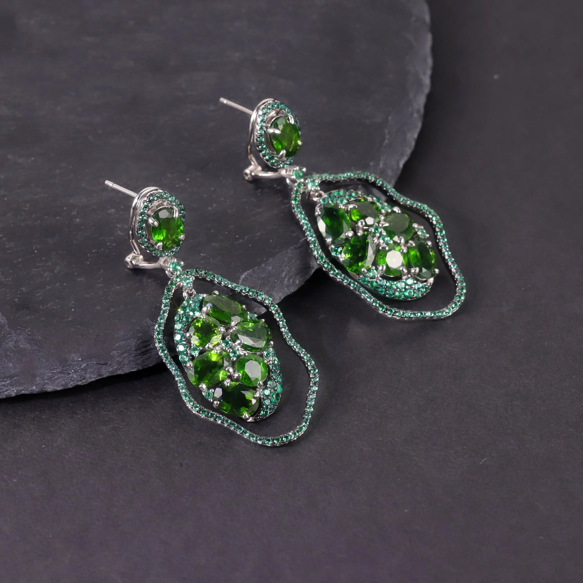 S&S Chrome Diopside & Emerald Green Nano Fine Jewellery Set | 925 Silver Rhodium Plated | Oval Cut | S&S Collection