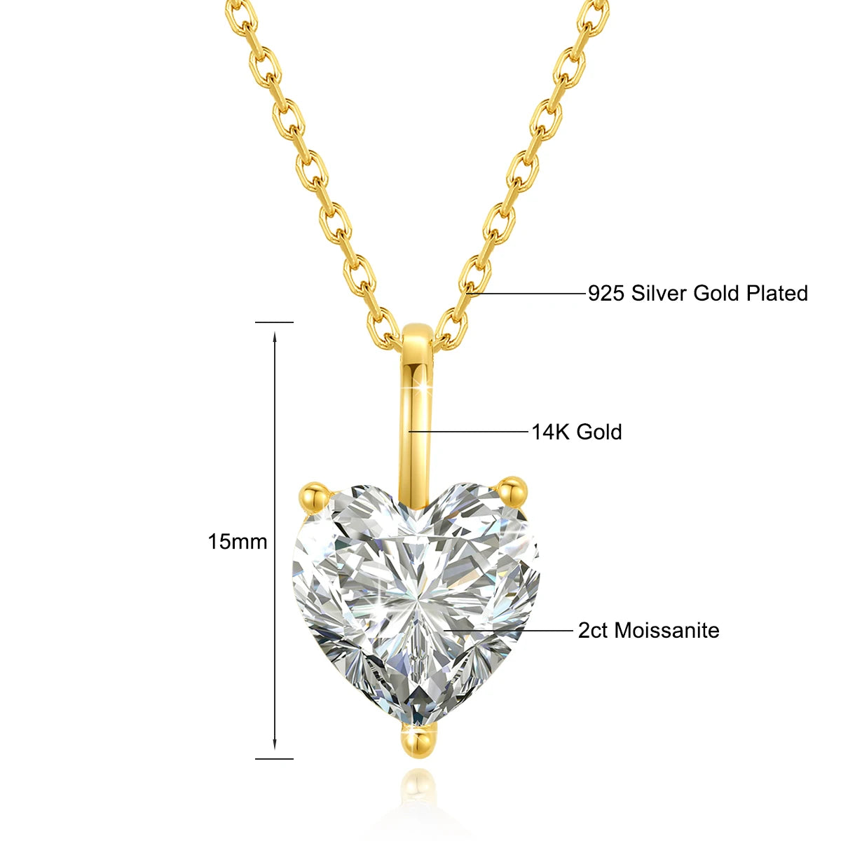 Gioiellieri Luxury Simple Pendant Necklace Woman Engagement Gift Vacuum Heart 14K Gold 3 Prongs 1ct 2ct 3ct Heart Cut Moissanite Pendant