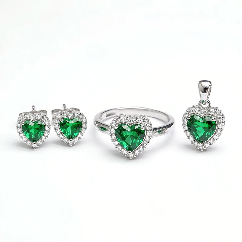 S&S 925 Silver Blue-Green Heart Zircon Fine Jewellery Set | Ring, Pendant & Earrings
