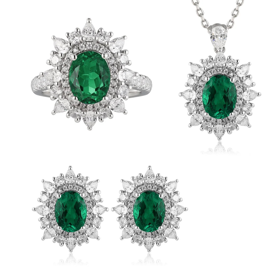 Gemfiori Zhanhao Jewelry S925 Silver Lab Grown Emerald Vintage Custom Engagement Gift Ring Necklace Earrings Ladies' Bridal Jewelry