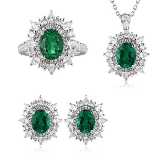 Gemfiori Zhanhao Jewelry S925 Silver Lab Grown Emerald Vintage Custom Engagement Gift Ring Necklace Earrings Ladies' Bridal Jewelry