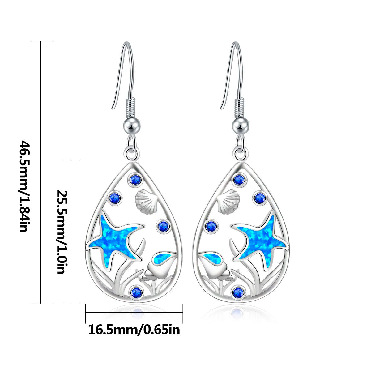 Ocean-Themed Teardrop Opal Drop Earrings - Blue Fire Opal Starfish & Shell Detail | Beach-Chic Daily Jewelry Bulk Gifts