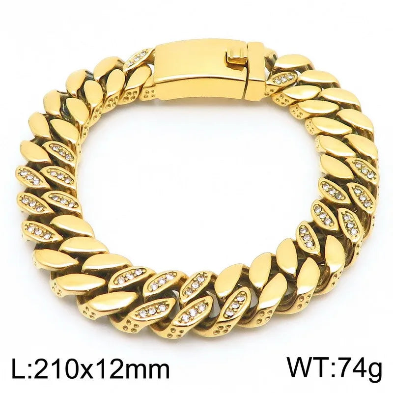 KALEN Vintage Fine Jewelry Fashion Bracelets Men Stainless Steel Rhinestones Cuban Links Bracelet Bangle
