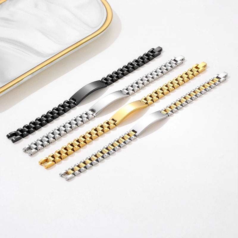 Wholesale Stainless Steel Custom Engraving Name Logo  Watch Band Chain Wristband ID Bracelets for Men