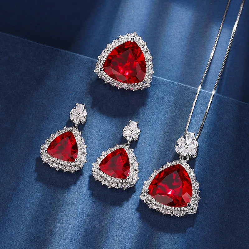 Gemfiori European and American Retro Palace Style Pomegranate Red Zircon Triangular Pendant Ring Earring Fashionable Accessory Set