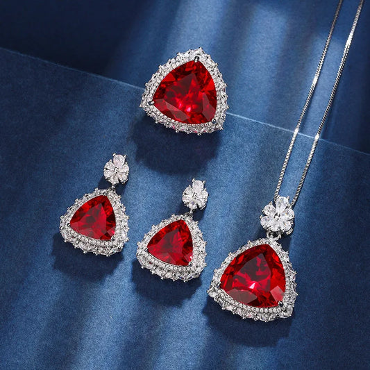 Gemfiori European and American Retro Palace Style Pomegranate Red Zircon Triangular Pendant Ring Earring Fashionable Accessory Set