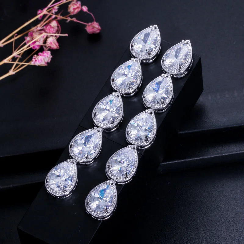 S&S White CZ Teardrop Extra-Long Dangle Earrings – Pear Cut – Rhodium Silver Plated – Collection