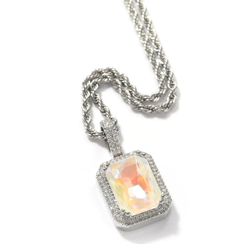 BiG-BOSS Hip Hop Mocha Fluorescent Square Solid Gemstone Pendant Necklace Trendy Cold for Men Women Perfect Neutral Sweater Chain Gift