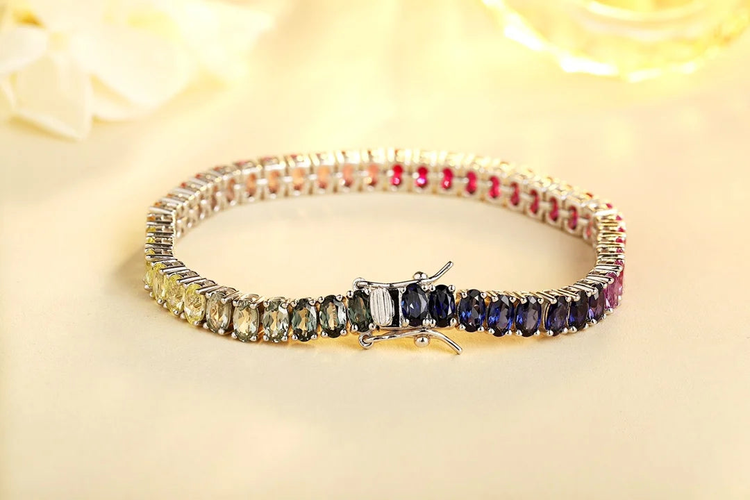 Gemfiori Anster Factory Price Trendy Oval Tennis Bracelet S925 Silver Hand Chain with Colored Sapphire Gemstones