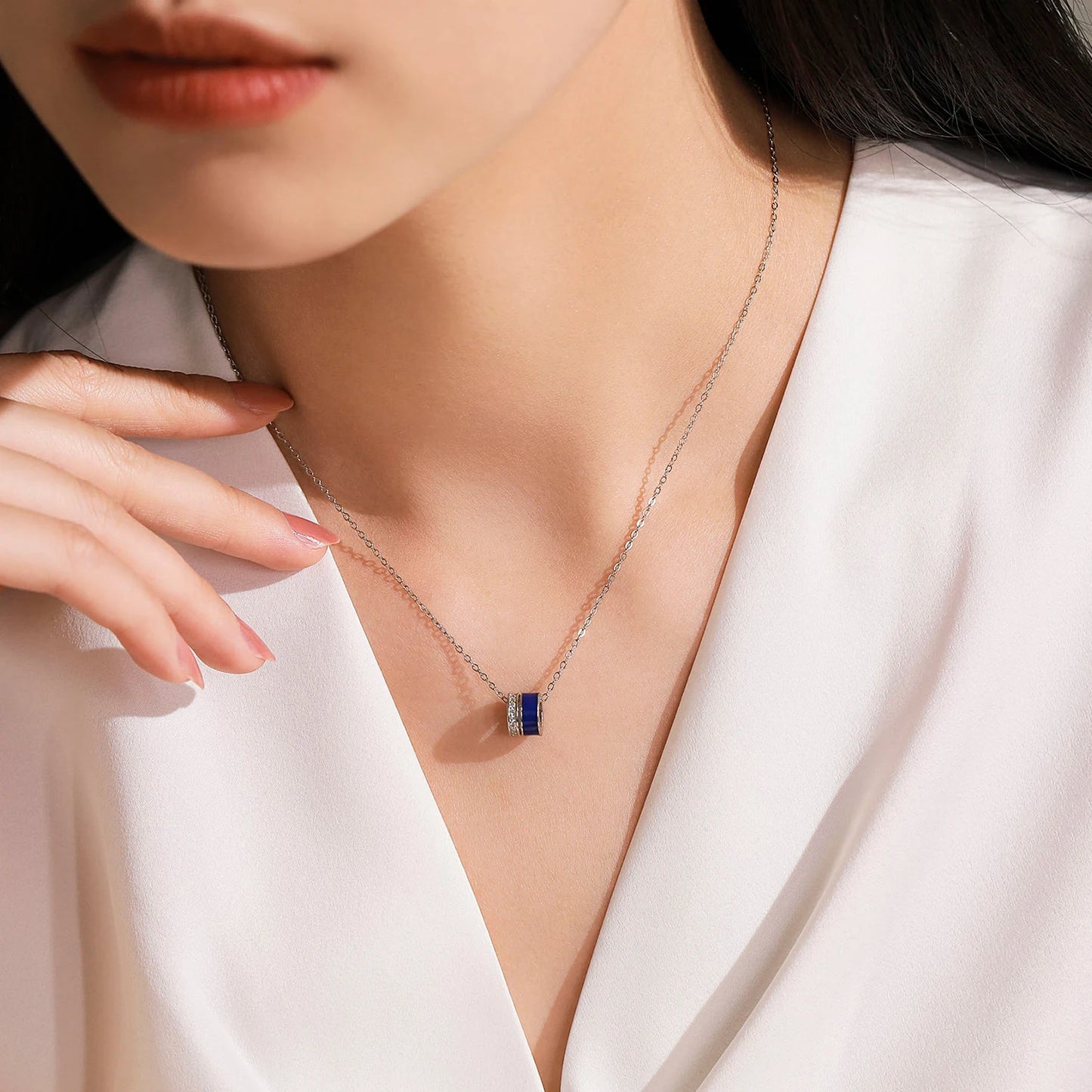 Ailmay Luxury 925 Sterling Silver Blue Enamel Stud Earrings Pendant Necklace for Women Fashion Jewelry Set Gift