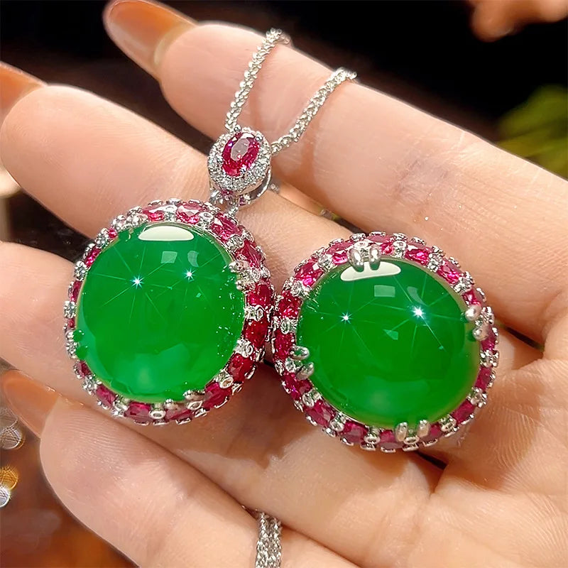 REDheart Brass Inlaid Zircon Open Movable Ring Simulation Green Chalcedony Fluorescent Advanced Luxury 18K Gold Plated Flower Design Set