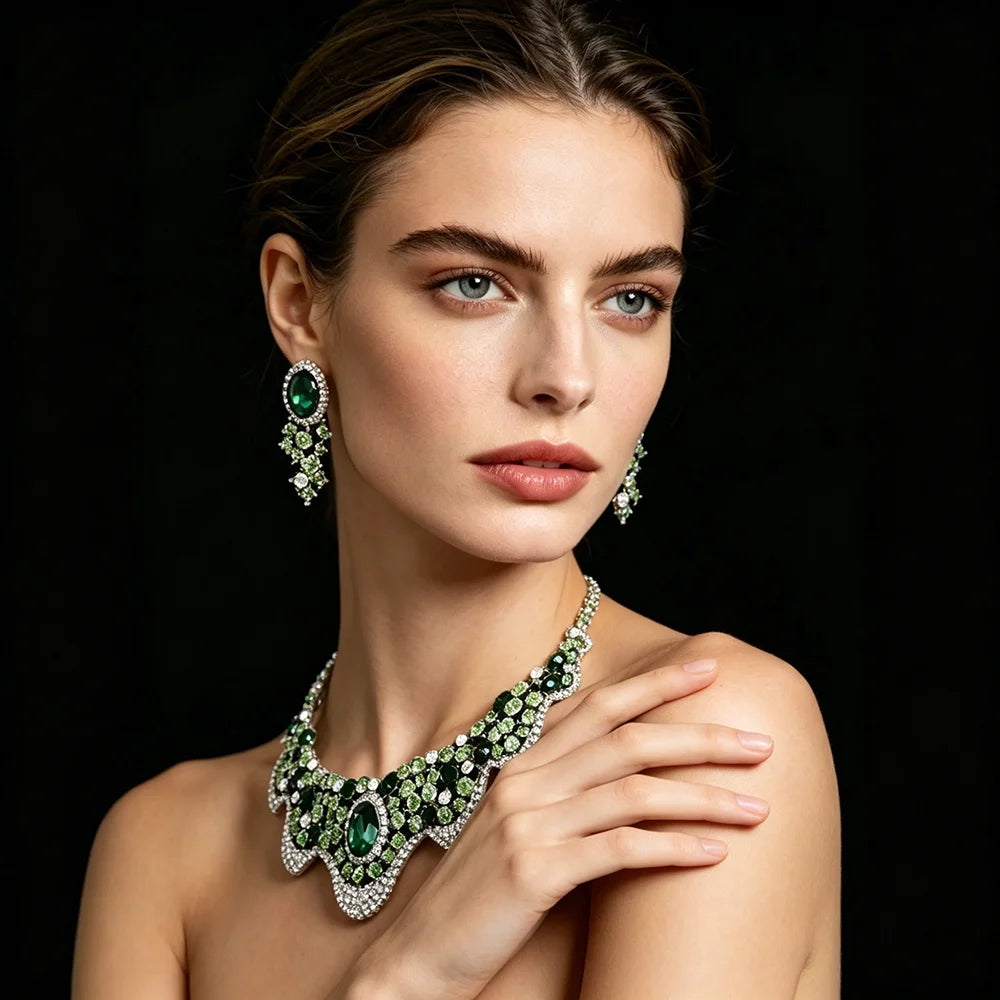 Luxury Emerald Green Crystal & Pearl Floral Statement Necklace & Drop Earrings Bridal Set — Silver Plated
