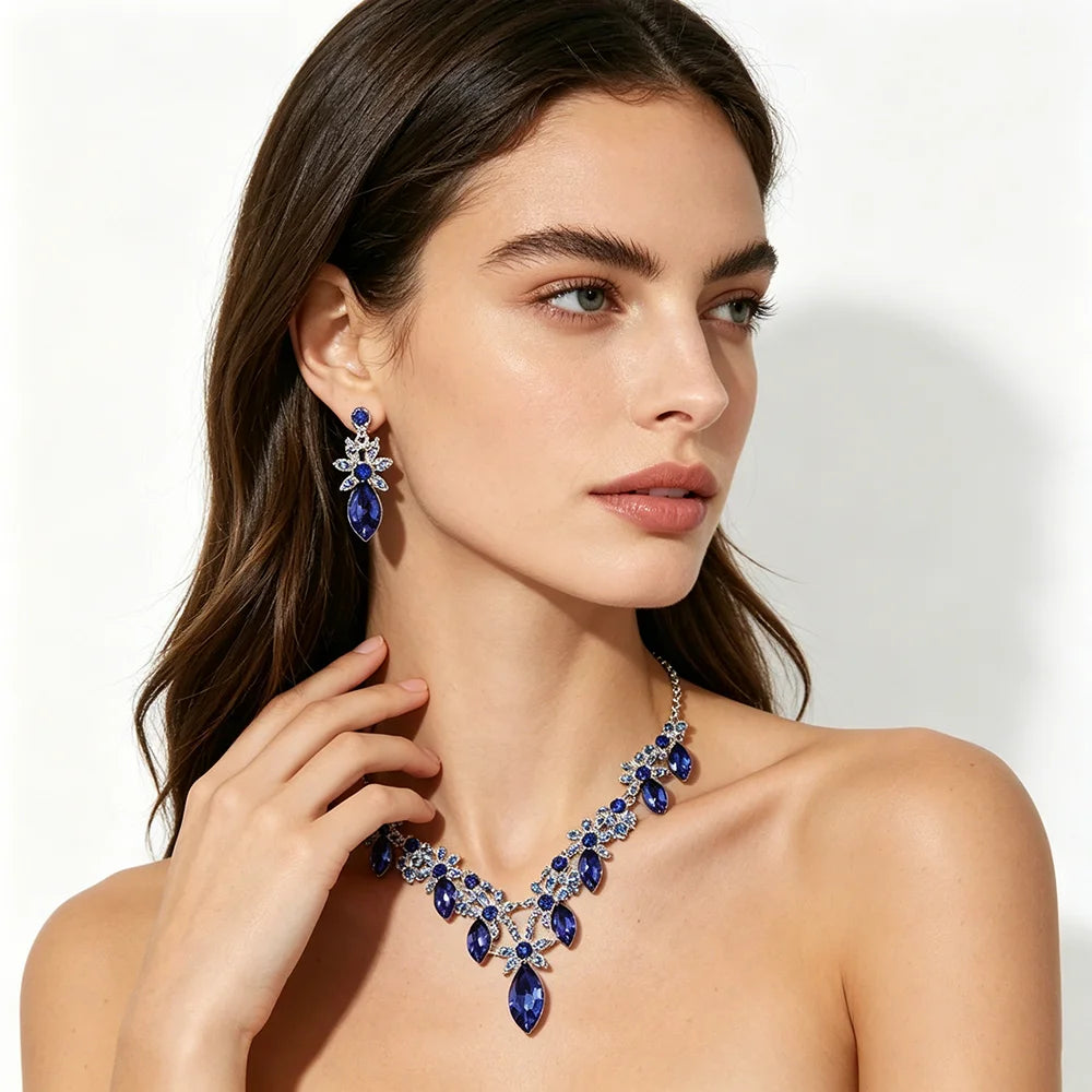 XM S383 Silver Plated Marquise Cut Zircon Floral Teardrop Necklace & Drop Earrings Set