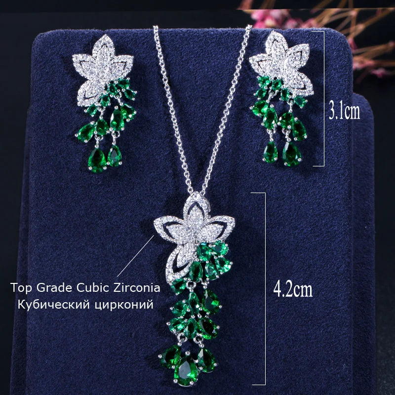 High Quality Geometric Flower Design Cubic Zirconia Crystal Women Rose Gold Color Tassel Earrings Necklace Pendant Jewelry Sets