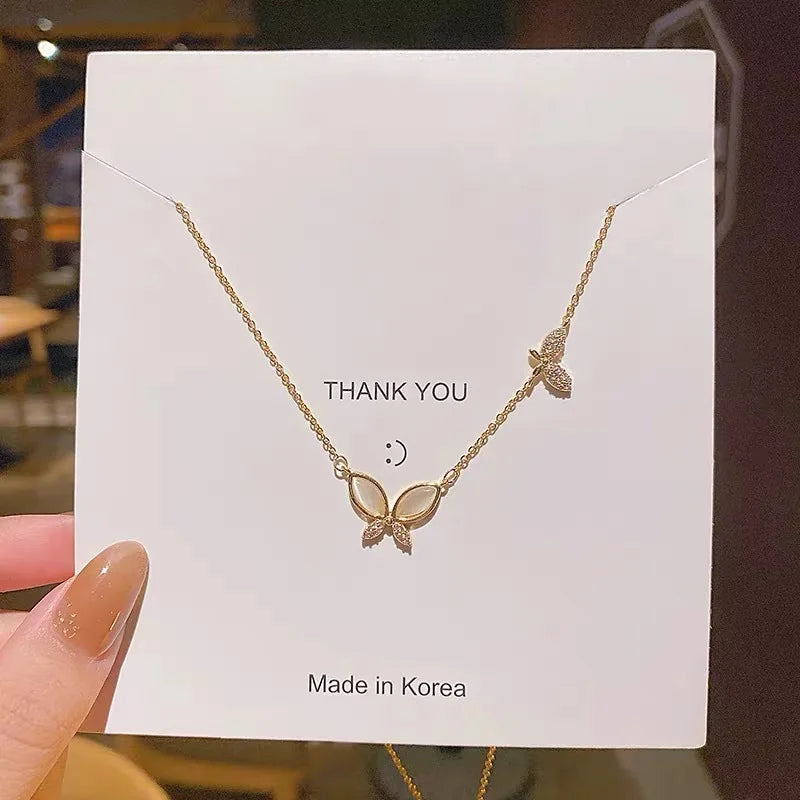 Gold-plated Iron Mother-of-Pearl Butterfly Pendant Necklace Bamboo Chain Sporty Stylish Versatile Light Luxury Unisex Design