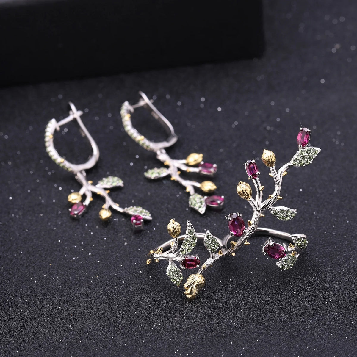 ArtistA Embrace Nature Plant Theme 925 Silver Natural Rhodolite Garnet Leal Bud Branch Earrings & Double Finger Ring Jewelry Set