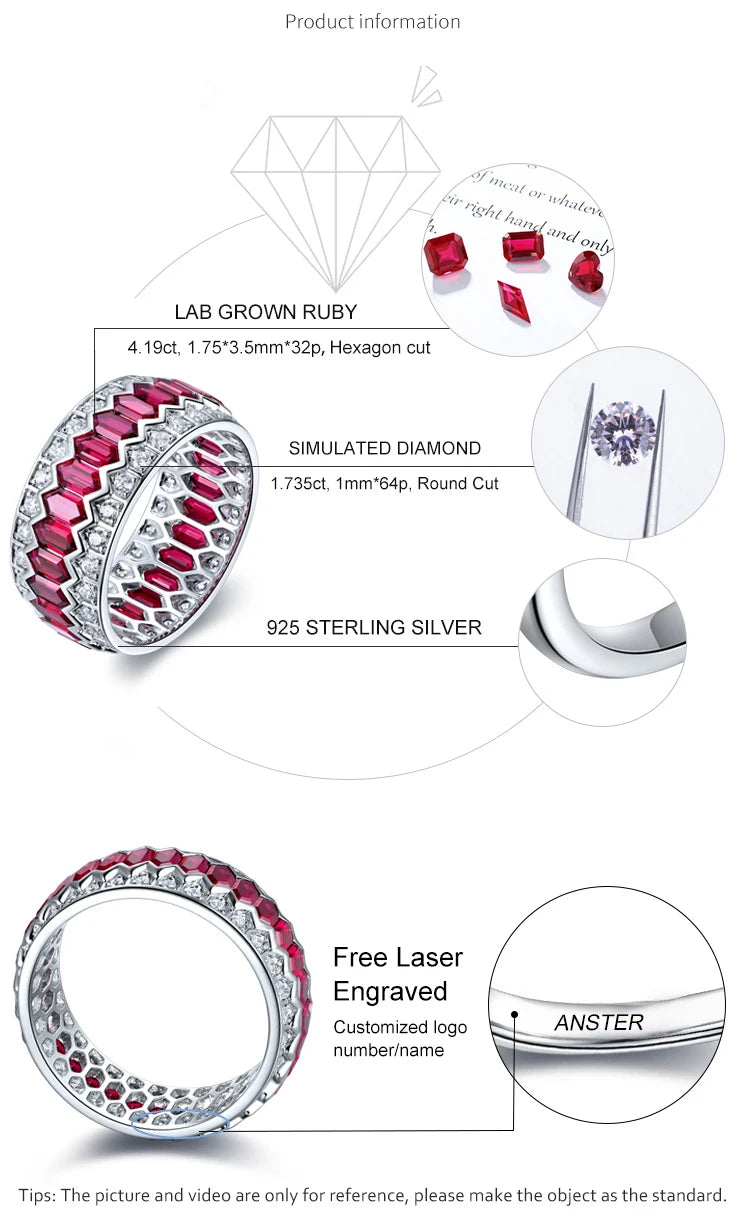 Gemfiori 925 Sterling Silver Jewelry Faux Diamond Eternity Rings Men's Lab Created Rubies Engagement Rings for Women