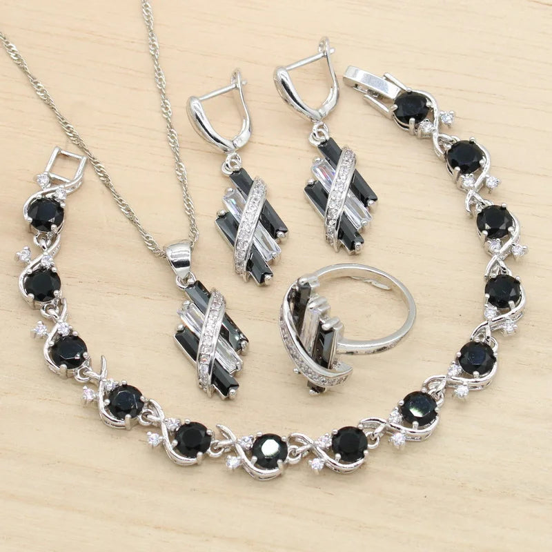 XOTICA Classic Silver Color Wedding Set for Women Alloy Bracelet Necklace Ring Black Zirconia for Parties Engagements Christmas Gift