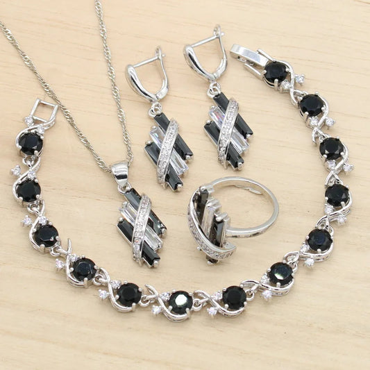 Classic Silver Color Wedding Set for Women Alloy Bracelet Necklace Ring Black Zirconia for Parties Engagements Christmas Gift
