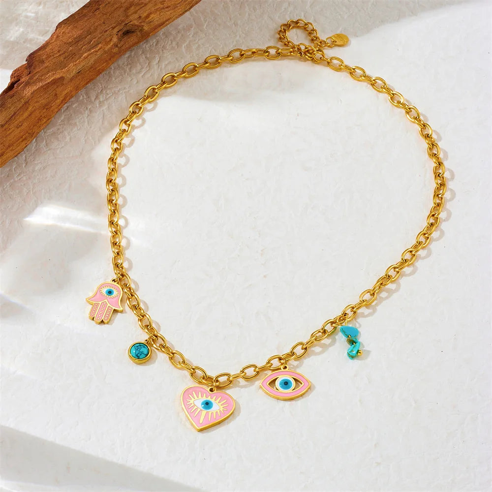 Gold Pink Heart Necklace, Earrings & Bracelet Jewellery Set | Romantic Fashion Set
