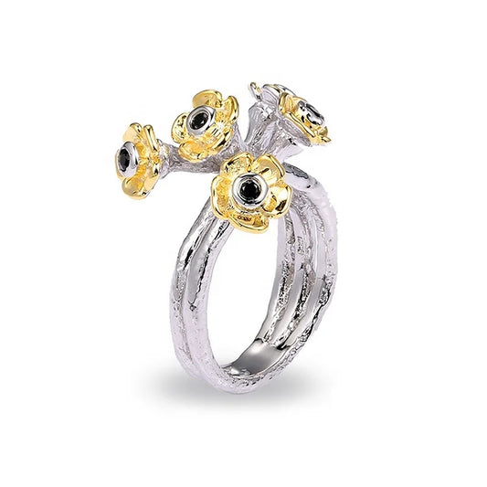 Handmade Lucky Flower 925 Sterling Silver Ring with Black Spinel for Women