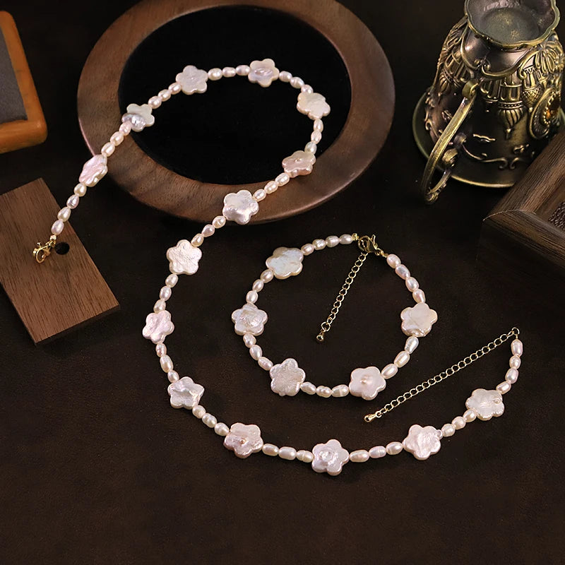 GLSEEVO Natural Flower Shaped Baroque Pearl Jewelry Set Floral Necklace Bracelet Gift for Mother's Day Birthday Fashion Jewelry