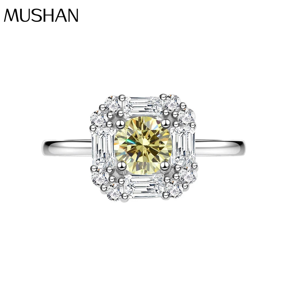 MuShan Jewelry Factory  Square Inlaid Circular 7mm Yellow Diamond 925 Silver High Carbon Diamond Ring for Women  Light Luxury