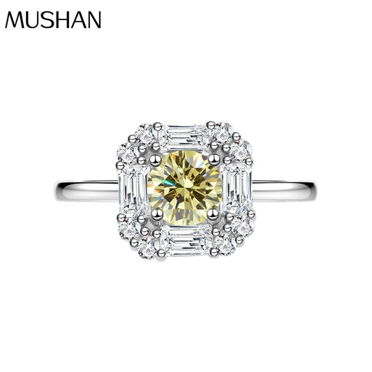 MuShan Jewelry Factory  Square Inlaid Circular 7mm Yellow Diamond 925 Silver High Carbon Diamond Ring for Women  Light Luxury