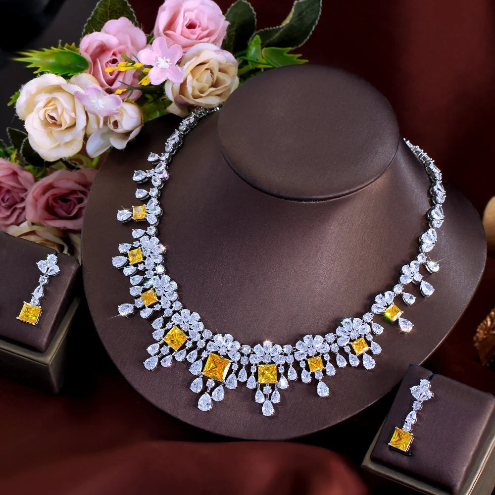 2pcs Necklace Earrings Gorgeous Yellow Square Zirconia Luxury Tassel Water Drop CZ Bridal Wedding Party Jewelry Set for Women