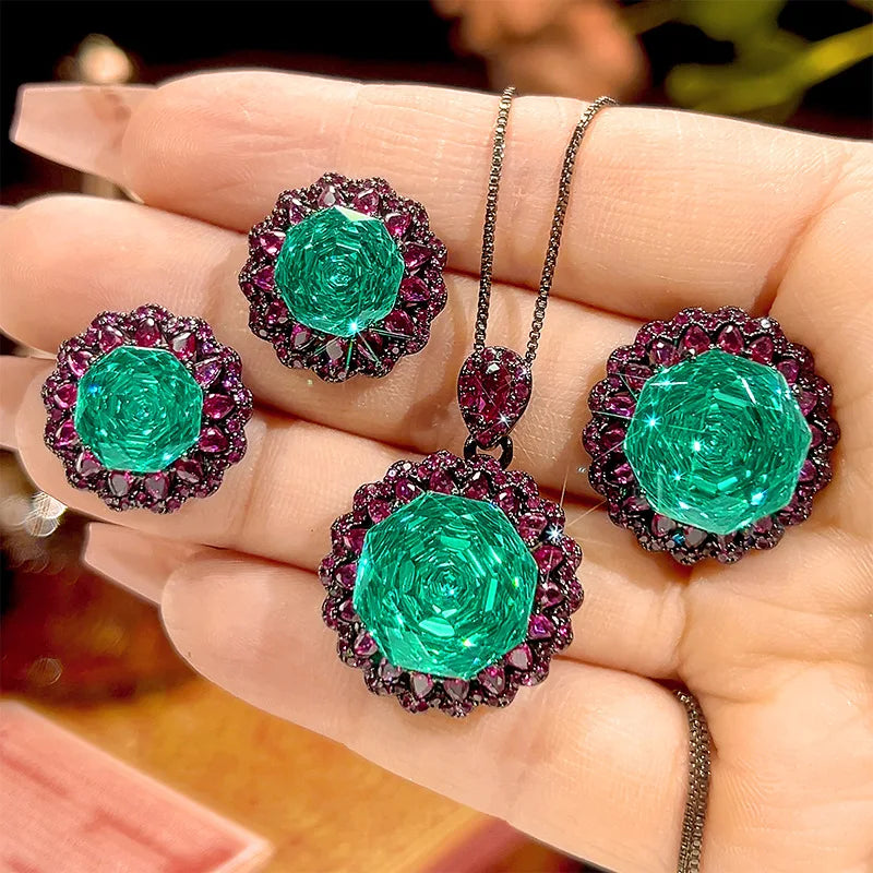 S&S Black Gold Paraiba Green CZ Jewellery Set – Pendant, Ring & Earrings – Collection