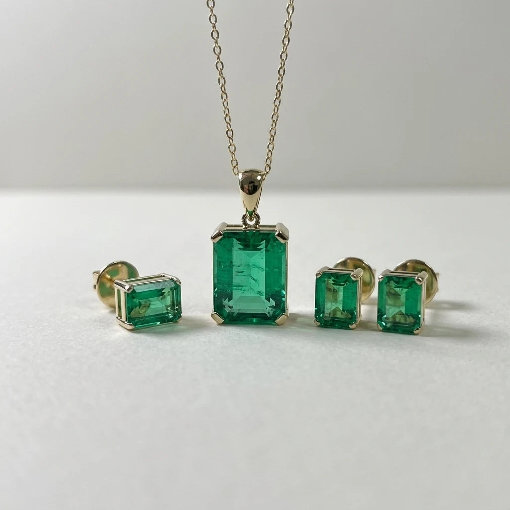 ArtistA 14k Yellow Gold Jewelry 10x12mm Green Lab Hydrothermal Colombian Emerald Stone Chain Pendant Necklace Earring Combination