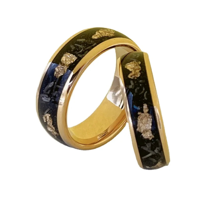 Tungsten carbide Classic Ring Personalized Yellow Gold Natural Stone Broken Gold Foil Meteorite Unisex Engagement Wedding Band