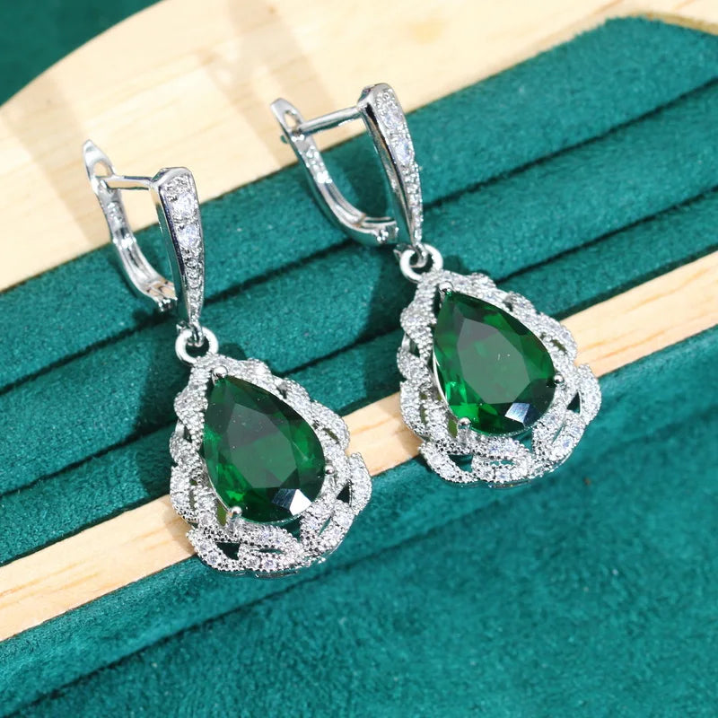 XOTICA Classics Green Zircon 925 Silver Jewelry Sets for Women Wedding Bracelet Earrings Necklace Pendant Ring Dating Gifts